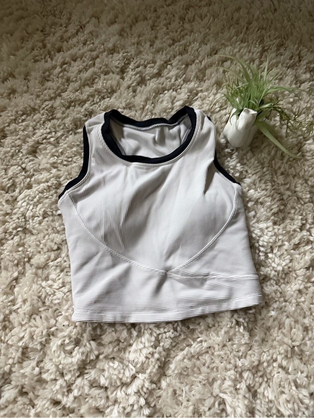 White Ribbed Sports Bra athletic gym workout comfy Crop with Black Trim